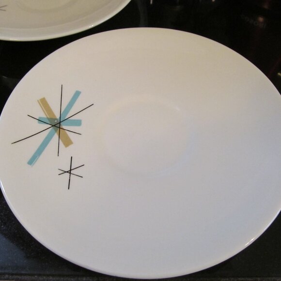 5 Vintage MCM Salem North Star Atomic Starburst Saucers Turquoise & Tan 1960s - Picture 5 of 16